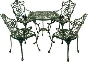 Set da giardino DEGAMO, set da bistrot in stile Art Nouveau, 5 pezzi, look retrò, 4 poltrone con braccioli e 1 tavolo rotondo da 70 cm, fusione di alluminio verde scuro, resistente alle intemperie