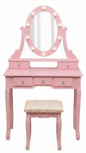 Comò da trucco con specchio LED a 360°, 5 cassetti, sgabello imbottito, piano in MDF, colore rosa cipria