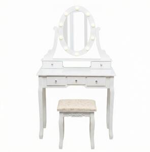 Comò da trucco con specchio LED a 360°, 5 cassetti, sgabello imbottito e piano in MDF, colore bianco classico
