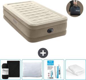 Intex Airbed - 1 persona - 99 x 191 x 46 cm - Beige - Con pompa incorporata, lenzuolo nero, cuscino, federe Molton 2 in 1 e set di riparazione