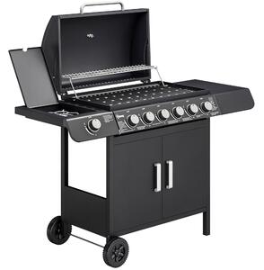 Outsunny Barbecue a Gas con Coperchio, 7 Bruciatori da 20kW, Fornello Laterale e 2 Ruote, 135x50x100 cm, Nero | Aosom Italy