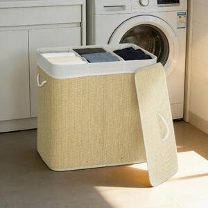 DecHome Cesto Portabiancheria in Bamb con Coperchio 144L 3 Scomparti Sacca Removibile e Lavabile Maniglie 60x40x60 cm colore Crema