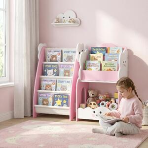 DecHome Libreria per Bambini in Legno con Portariviste a 3 Livelli e Comodino 85.5x32x72 cm colore Rosa/Bianco