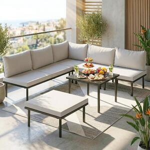 VivaGarden Salotto da Giardino con Divano Angolare 4 Posti 1 Pouf e Tavolino in Metallo colore Grigio Chiaro