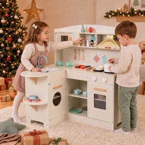 Costway Cucina giocattolo angolare con forno a microonde piano cottura cappa aspirante lavello e rubinetto, Cucina giocattolo in legno con 23 accessori