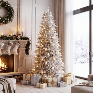 Costway Albero di natale innevato con luci incorporati e regolabili, Christmas tree ignifugo con 526 rami 280 luci led 72 pigne e base a croce 210 cm