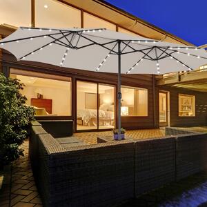 Costway Ombrellone gemello da 470cm con 48 luci LED, Ombrello da esterno a doppio lato con pannello solare auto-caricante Beige
