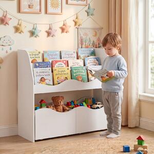 Costway 2 in 1 Libreria Montessori 3 livelli in legno con ruote 2 cassetti, Contenitore portagiochi per cameretta nido Bianco