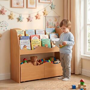Costway 2 in 1 contenitore portagiochi 3 livelli in legno con ruote 2 cassetti, Libreria Montessori per cameretta nido Naturale