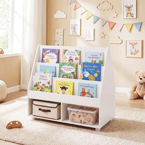 Costway Libreria montessori con lavagna per bambini, Scaffale portagiochi con ruote con ripiani e scomparti in Bianco