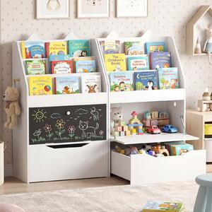 Costway Libreria montessori con lavagna per bambini con 3 ripiani cassetto con ruote vano nascosto e ganci, Organizer in legno porta libri giocattoli
