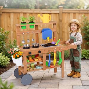 Costway Cucina per bambini in legno per bambini 3+ anni, Cucina di fango da esterno con accessori per cucinare