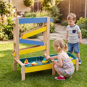 Costway Tavolo sabbia e acqua in legno con rubinetto bambini 3+, Tavolo gioco acqua con barchette sottomarino 2 vasche e 2 vasi
