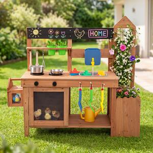 Costway Cucina giocattolo in legno massello per bambini 3+ anni, Cucinetta montessori da esterno con giocare sabbia e acqua