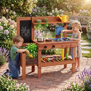 Costway Cucina giocattolo per bambini per bambini 3+ anni cucinetta in legno, Cucina da fango interattiva con accessori per giardinaggio