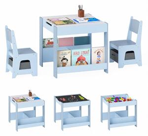 Costway Set tavolo e sedie per bambini per bambini con piano reversibile, Set tavolo scaffali e cassetti per disegno Blu