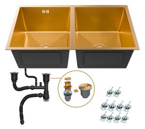 ANW HOME Lavello da cucina, lavello da incasso a doppia vasca, lavello in acciaio inossidabile 304 con finitura PVD dorata, 80x45 cm, senza sgocciolatoio, con rivestimento nano, spessore