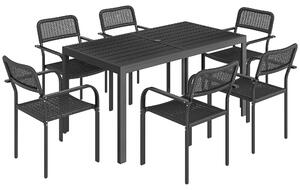 Set da Pranzo da Esterno Tavolo con Foro Ombrellone 150x80x74 cm e 6 Sedie 55x60x83 in Acciaio e PP cm Nero