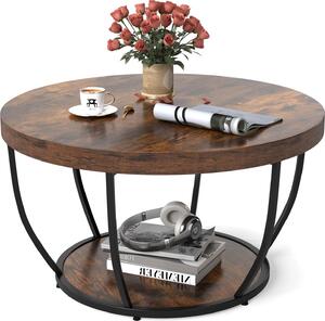 Tavolino rotondo con 2 ripiani, tavolino con piano effetto legno e robusta struttura in metallo, da posizionare accanto al divano, stile industriale, 80 x 80 x 45 cm, marrone