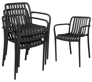 Set 4 Sedie da Esterno Impilabili 55x58,5x81,5 cm Sedie da Pranzo con Schienale Curvo Seduta a Doghe e Braccioli in PP Nero