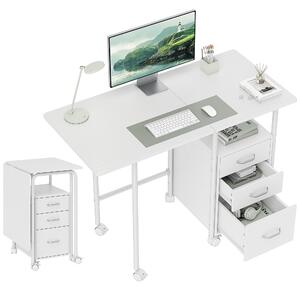 HOMCOM Scrivania per computer pieghevole su ruote, scrivania con ripiani, 3 cassetti, piano estensibile, 105x51x75,5cm, bianco | Aosom Italy
