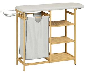 HOMCOM Cestino Portabiancheria in Bambù e Poliestere con Asse da Stiro e Ripiano a 3 Livelli, 113x34x82 cm