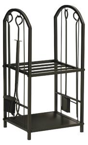 Outsunny Portalegna per Camino a 2 Ripiani in Metallo con Paletta, Porta legna con Scopa, Attizzatoio e Pinza, 41.5x32.5x74.5 cm, Nero | Aosom Italy