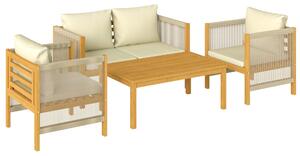 Set 4 Pezzi Salotto da Giardino con Divano 2 Poltrone con Cuscini e Tavolino in Legno di Acacia