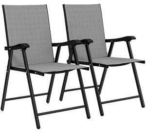 Set di 2 Sedie 58x62x97 cm Pieghevoli con Schienale Alto e Braccioli in Acciaio e Tessuto Grigio Chiaro