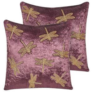Set di 2 cuscini in velluto e cotone Rayon con motivo a libellula viola 45 x 45 cm camera da letto soggiorno Beliani
