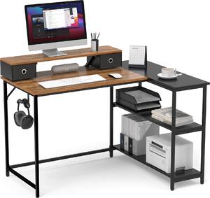 Mondeer Scrivania per computer a L con supporto per monitor rimovibile e 2 cassetti; scrivania con 2 ripiani a sinistra o a destra, 120x90x90 cm, nero
