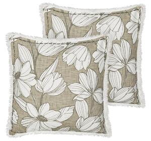 Set di 2 cuscini in cotone bianco e verde con motivo floreale e frange 45 x 45 cm con imbottitura stile boho Beliani