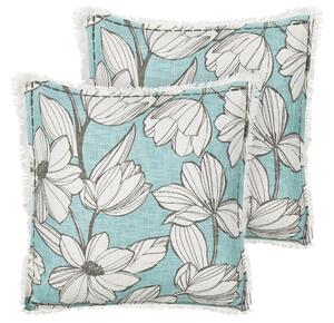 Set di 2 cuscini in cotone bianco e blu con motivo floreale e frange 45 x 45 cm con imbottitura stile boho Beliani