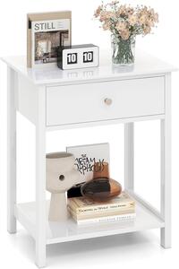 Costway Set di 2 comodino in legno con cassetto e scaffale aperto, Tavolino compatto per soggiorno con spazio di archiviazione Bianco