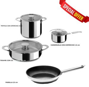 Batteria di pentole 7 pezzi in acciaio inox 18/10 GOURMET con coperchi in vetro pyrex, adatta per per piano elettrico, induzione, gas, alogeno, vetroceramica , forno