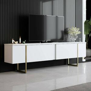 Mobile TV 180x30x50h cm Bianco e Oro con 2 Ante e Ripiano, Mobile Basso Salvaspazio in Legno e Metallo per Soggiorno Moderno – Abishia