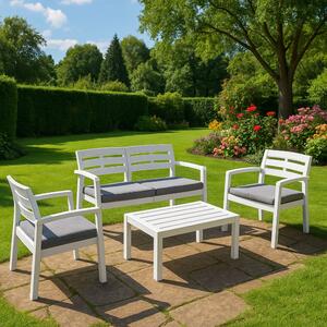 Salotto da giardino panche e tavolo effetto doghe bianco - Arti