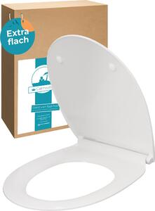 Calmwaters® Sedile per wc piatto con chiusura ammortizzata, sedile per wc in duroplastica sottile e antibatterico, cerniere in acciaio inox, coperchio rimovibile ed extrapiatto, forma ad O standard, 26LP3163