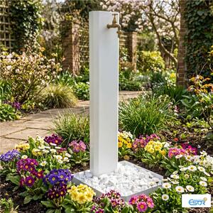 Fontana da giardino in acciaio bianca con rubinetto e base decorativa con ciottoli Dimensioni 40x40xh 100 cm con tubo rubinetto, flessibile e Gomito resistente al gelo Colore Corten