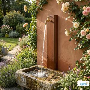 Fontana da Giardino Rettangolare da Muro con Rubinetto Dimensioni 18x6xh 100 cm con tubo rubinetto, flessibile e Gomito resistente al gelo Colore Corten