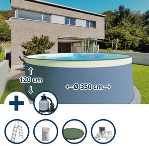 Set piscina con pareti in acciaio (6 pezzi) alta rotonda 350 x 120 cm, acciaio 0,4 mm antracite telo 0,3 mm sabbia