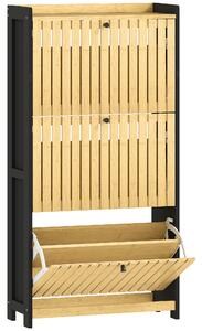 HOMCOM Scarpiera 18 paia con 3 cassetti ribaltabili, ante a griglia in bambù, 60x24x118cm, Nero e legno naturale | Aosom Italy