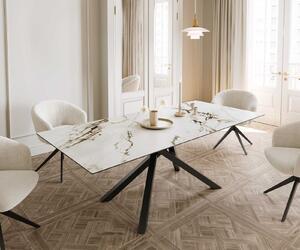 Tavolo da pranzo DELIFE Edge 180-220x100 Vetroceramica Calacatta Luxe Bianco-Oro-Grigio Base a croce Rettangolare Nero Allungabile