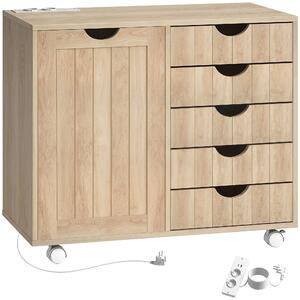 HOMCOM Mobile per Stampante con Stazione di Ricarica e Ruote 5 Cassetti Porte USB Ripiano Regolabile Naturale | Aosom Italy