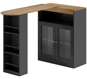 HOMCOM Tavolo da Bar Allungabile e Girevole 90° con Ripiani Aperti e 2 Ante in Vetro 150x80x105,5 cm Nero e Legno Naturale | Aosom Italy