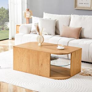 Tavolini da divano MODFU con ripiano in vetro, tavolino da soggiorno con doppio spazio contenitivo, tavolino ausiliario in legno naturale, dimensioni 100x60x42 cm