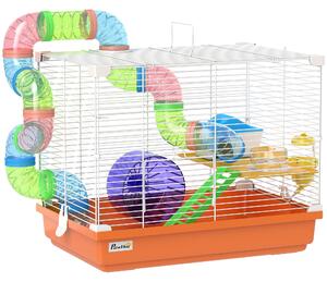 PawHut Gabbia per Criceti con Tunnel Ciotola Abbeveratoio Casetta Rampa Ruota per Esercizio Vassoio Estraibile 46x30x37 cm Arancione | Aosom Italy