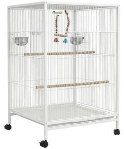 PawHut Gabbia per Uccelli su Ruote con Ciotole Posatoi Dondolo e Vassoio Estraibile 48x46x78 cm Bianco | Aosom Italy