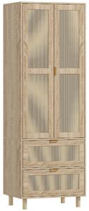 HOMCOM Armadio da camera con 2 porte effetto rattan, 2 cassetti e barra appendiabiti, 63 x 47 x 185 cm, legno naturale | Aosom Italy