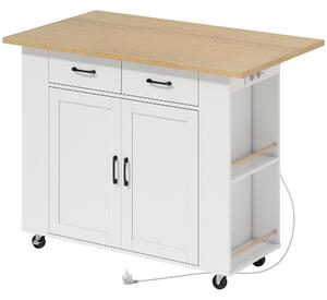 HOMCOM Isola da Cucina con Stazione di Ricarica, Carrello da Cucina su Ruote con Piano di Lavoro Ribaltabile, 2 Cassetti, Bianco | Aosom Italy